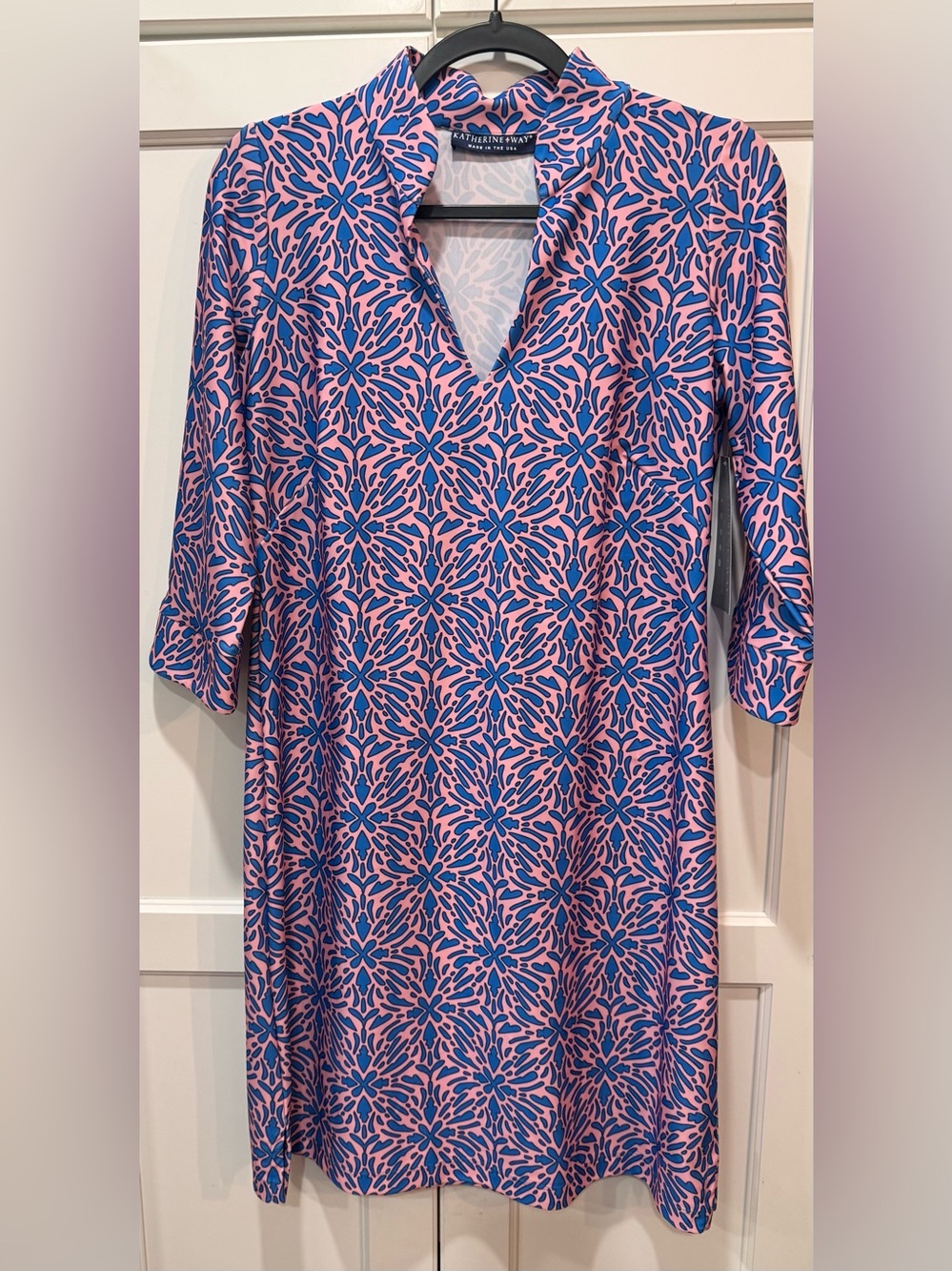Katherine Way Pink and Blue Floral V-Neck Midi Dress